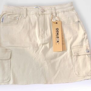 NWT Genleck Women’s Stretch Denim Mini Cargo Skirt Beige Size M